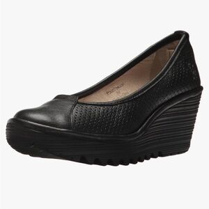 FLY LONDON Black Leather Perforated Wedge Ballet Flats Women Size 38- U.S 7.5
